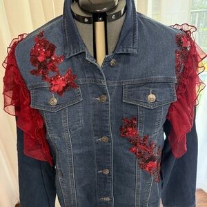 Embellished Denim Jean Jacket with Red Accents